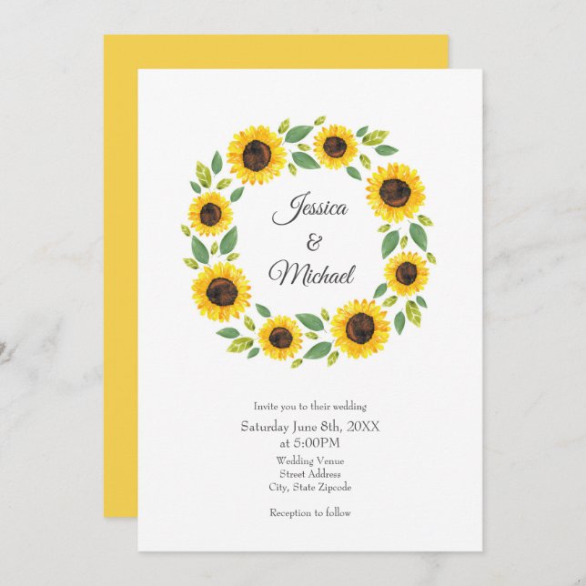 Hand Painted Watercolor Sunflower Wreath  Invitation (Front/Back)