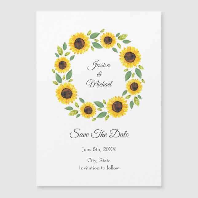 Hand Painted Watercolor Sunflower Wreath  Magnetic Invitation (Front)
