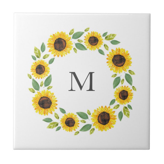 Hand Painted Watercolor Sunflower Wreath Tile (Front)