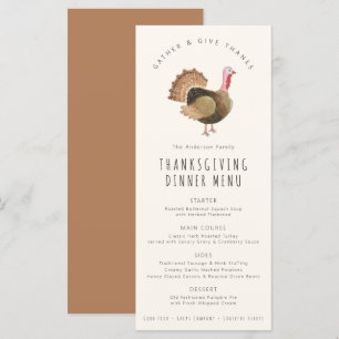 Hand-painted Watercolor Turkey Thanksgiving Dinner Menu