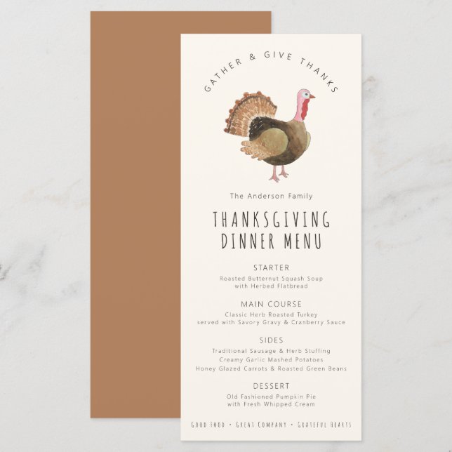 Hand-painted Watercolor Turkey Thanksgiving Dinner Menu (Front/Back)