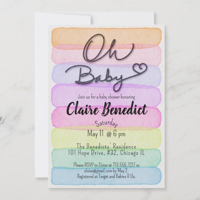 Hand painted, watercolor, unique baby shower invitation (Front)