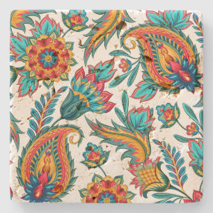 Hand Painted Watercolors Colourful Floral Paisley Stone Coaster