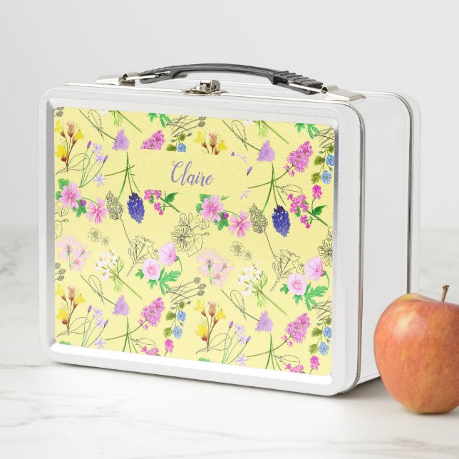 Hand-painted watercolour flowers custom yellow metal lunch box (In Situ)