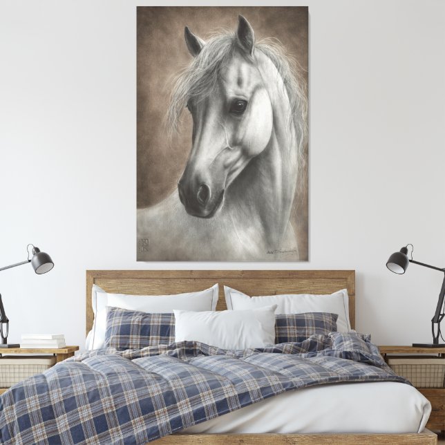 Hand Painted White Horse Portrait Canvas Print (Insitu(Bedroom))