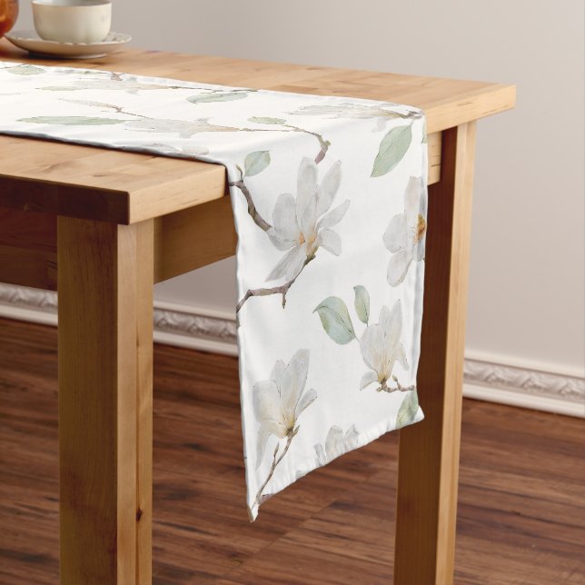 Hand Painted White Magnolia on White Short Table Runner (In Situ)