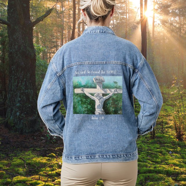 Hand Painted Whites and Greens " FOR GOD'' Denim Jacket (The bases of Christian faith, 
Faith expression)
