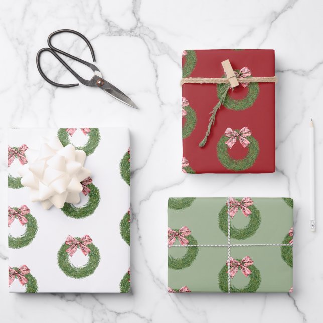 Hand Painted Winter Pine Wreath Striped Red Bow Wrapping Paper Sheet (Front)