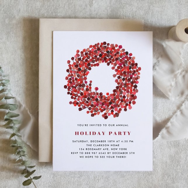 Hand Painted Winterberry Wreath Holiday Party Invitation (Creator Uploaded)