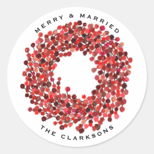 Hand Painted Winterberry Wreath Merry and Married Classic Round Sticker
