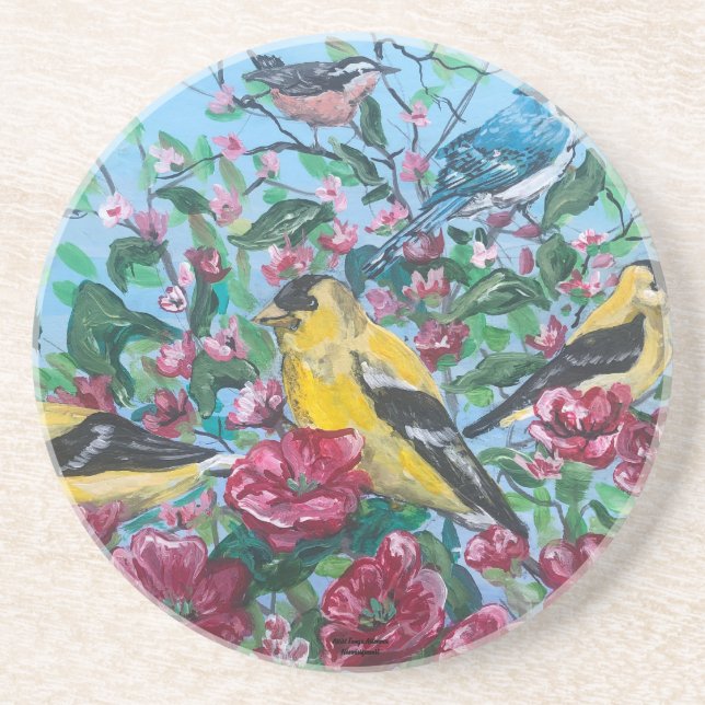 Hand Painted Yellow Birds Floral  Coaster (Front)