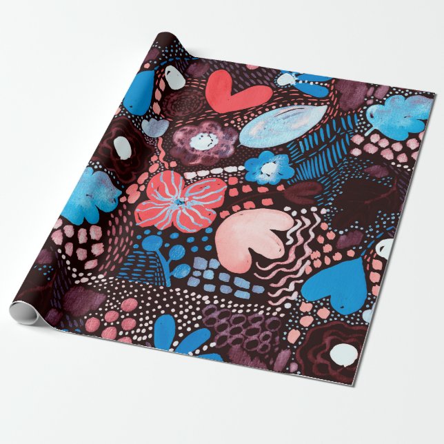 Hand Painting Abstract Watercolor Sketch Doodle Fl Wrapping Paper (Unrolled)