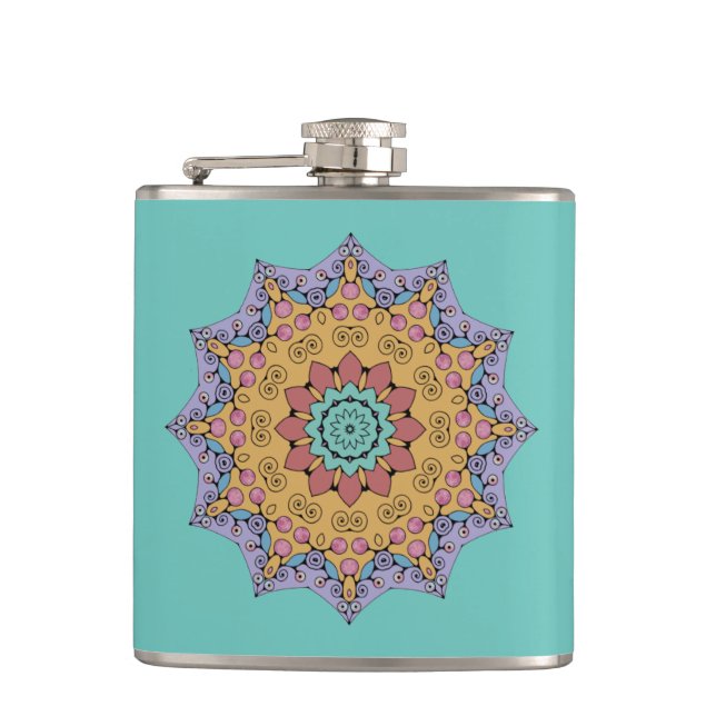 Hand Painting Mandala Clock Face 1 Hip Flask (Front)