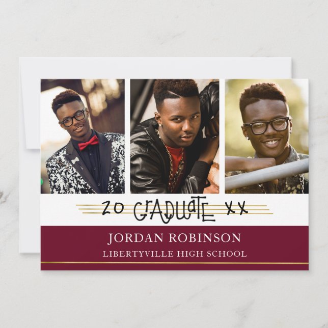 Hand Printed Graduate | Maroon and Gold Lines Invitation (Front)