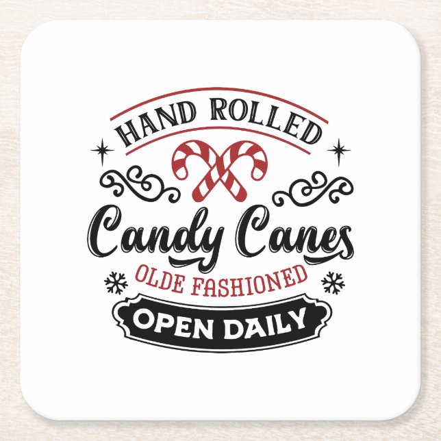 Hand Rolled Candy Cane | Farmhouse Square Paper Coaster (Front)