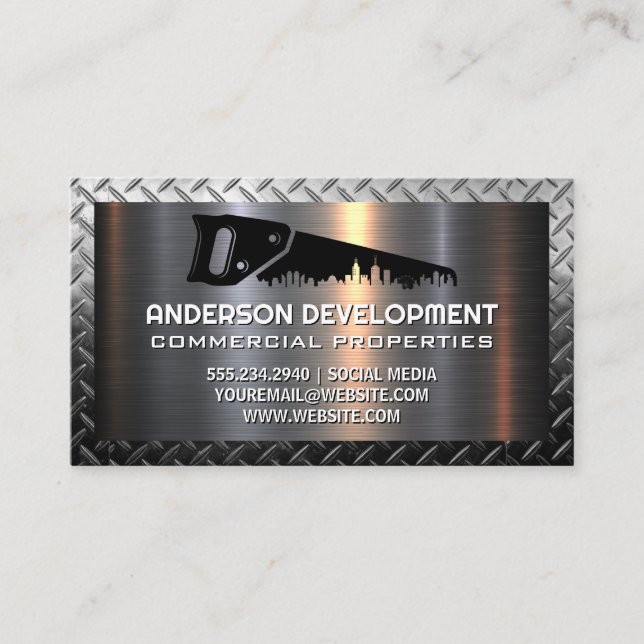 Hand Saw Construction Logo | Metallic  Business Ca Business Card (Front)