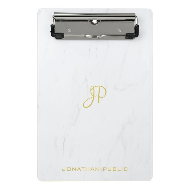 Hand Script Gold Monogram Professional Cool Marble Mini Clipboard (Front)