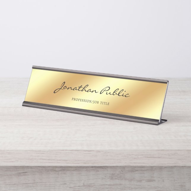 Hand Script Text Modern Elegant Gold Template Desk Name Plate (Front)