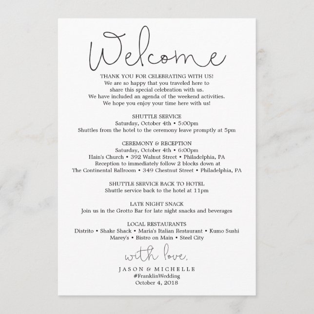 Hand Script Wedding Itinerary - Wedding Welcome Programme (Front)