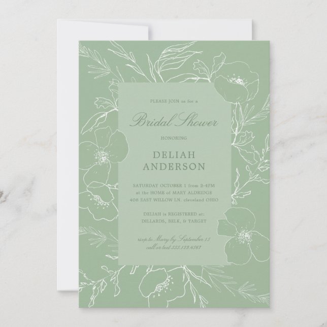 Hand Sketch Peony Sage Green Floral Bridal Shower Invitation (Front)