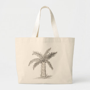 Hand sketched bottle palm tree with fronds large tote bag