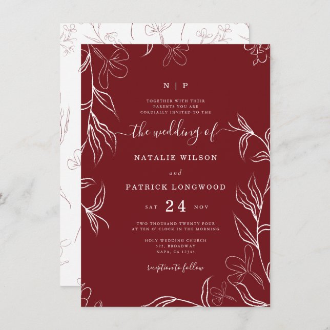 Hand Sketched Delicate Floral Burgundy Wedding Invitation (Front/Back)