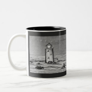 Hand sketched lighthouse with rocks peaceful scene Two-Tone coffee mug