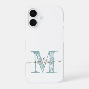 Hand Sketched Monogram Blue Green iPhone 16 Case