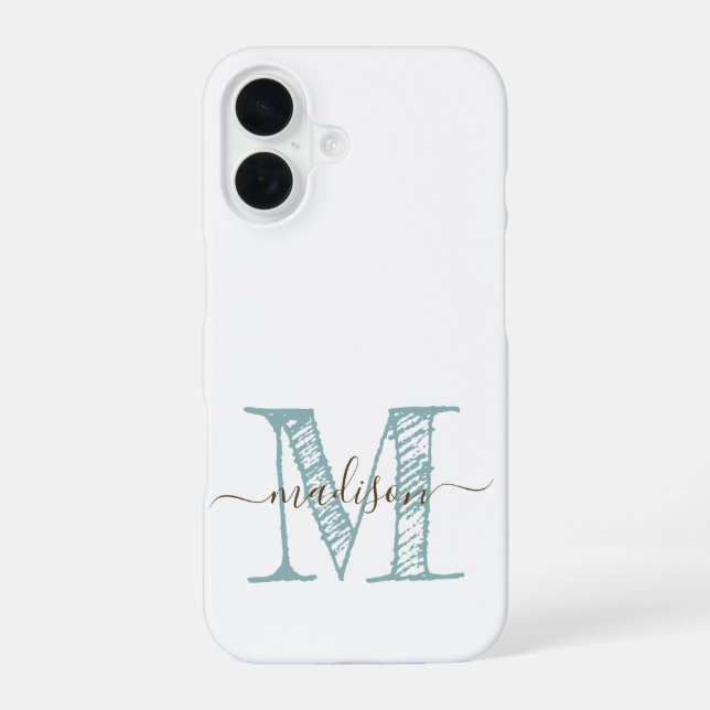 Hand Sketched Monogram Blue Green iPhone 16 Case (Back)