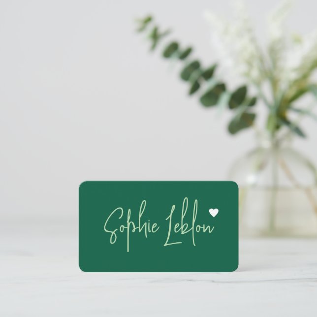 Hand Sketched Name on Hunter Green with Heart Business Card (Standing Front)
