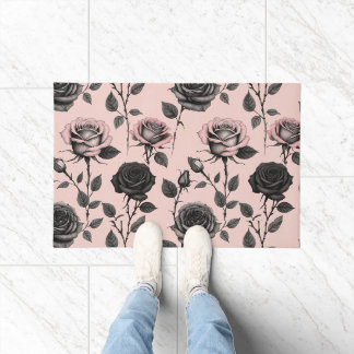 Hand Sketched Roses In Black On A Faded Pink Doormat