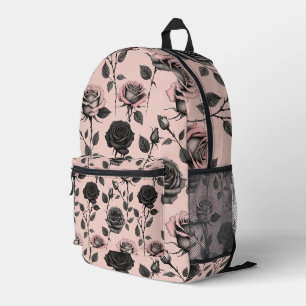 Hand Sketched Roses In Black On A Faded Pink Printed Backpack