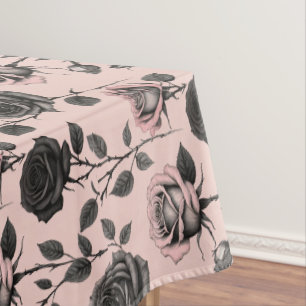Hand Sketched Roses In Black On A Faded Pink  Tablecloth