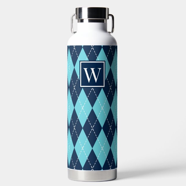 Hand Stitched Argyle - Turquoise & Navy Monogram Water Bottle (Front)