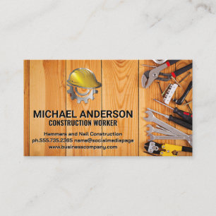 Hand Tools on Wooden Table   Construction Logo Business Card
