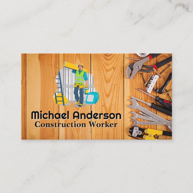 Hand Tools on Wooden Table | Construction Worker  Business Card (Front)