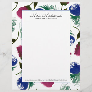 Hand Watercolor Burgandy Blue Floral Art Pattern Custom Letterhead