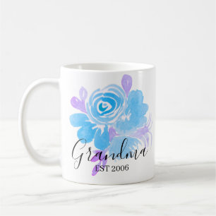 Hand Watercolor Flowers Mum Grandma Blue Purple Coffee Mug