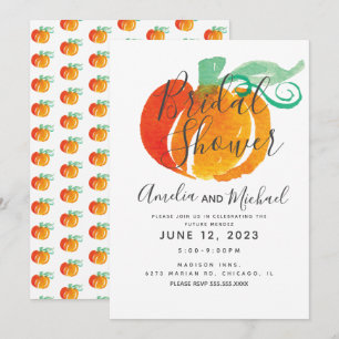 Hand watercolor Large Pumpkin Green Bridal Shower Invitation