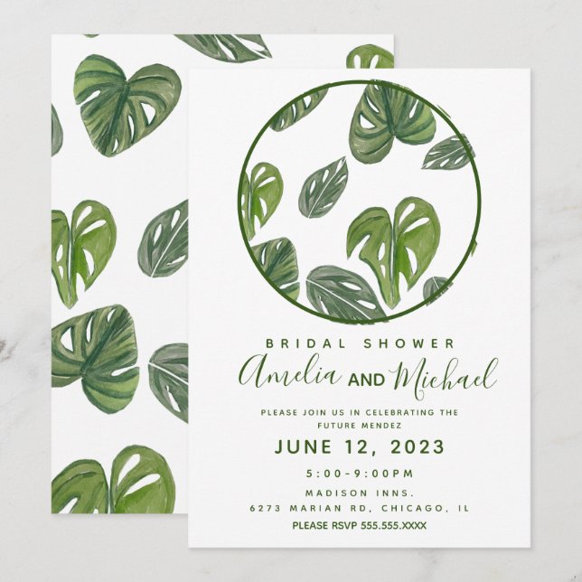 Hand Watercolor Monstera and Adansonii Leaf Bridal Invitation (Front/Back)