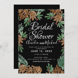 Hand Watercolor Pinecones Black Bridal Shower Invitation