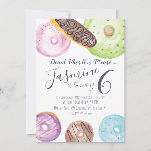 Hand Watercolored Doughnuts Eclairs Frosted Birthd Invitation (Front)