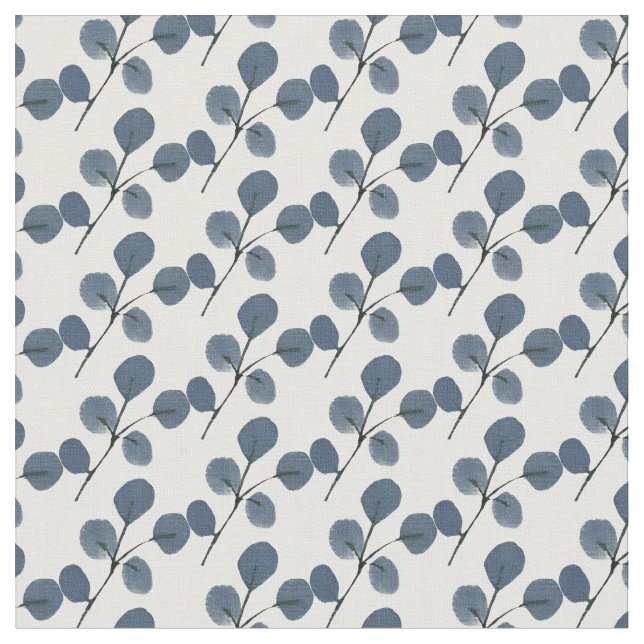 Hand Watercolored Eucalyptus Greenery Blue Fabric (Close Up)