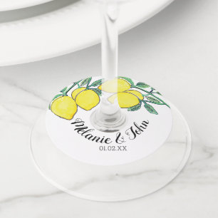 Hand Watercolored Lemon Design  - Couple Name Wine Glass Tag