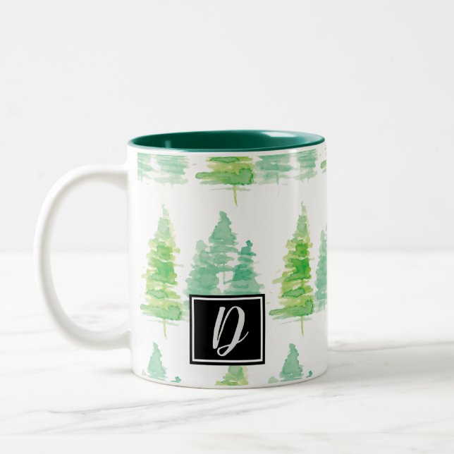 Hand Watercolored Pine Trees Christmas Two-Tone Coffee Mug (Left)