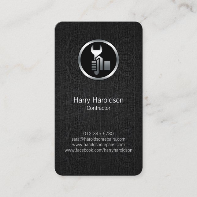 Hand Wrench Black Grunge Contractor Business Card (Front)
