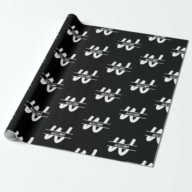 Hand Written Black & White Monogrammed Name Wrapping Paper (Unrolled)