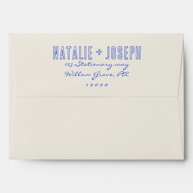 Hand-Written Blue Retro Bright Fun Unique Wedding Envelope (Back (Top Flap))