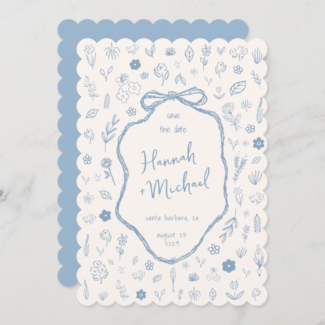Hand Written Drawn Blue Flowers Winter Wedding Save The Date (Front/Back)