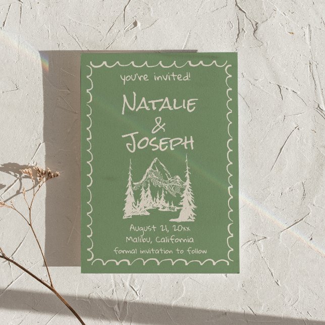 Hand Written Drawn Green Cream Fun Wedding  Save The Date (Creator Uploaded)